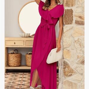 BTFBM Women's Summer Chiffon Maxi Dresses Deep V Neck Ruffle Short Sleeve Dress